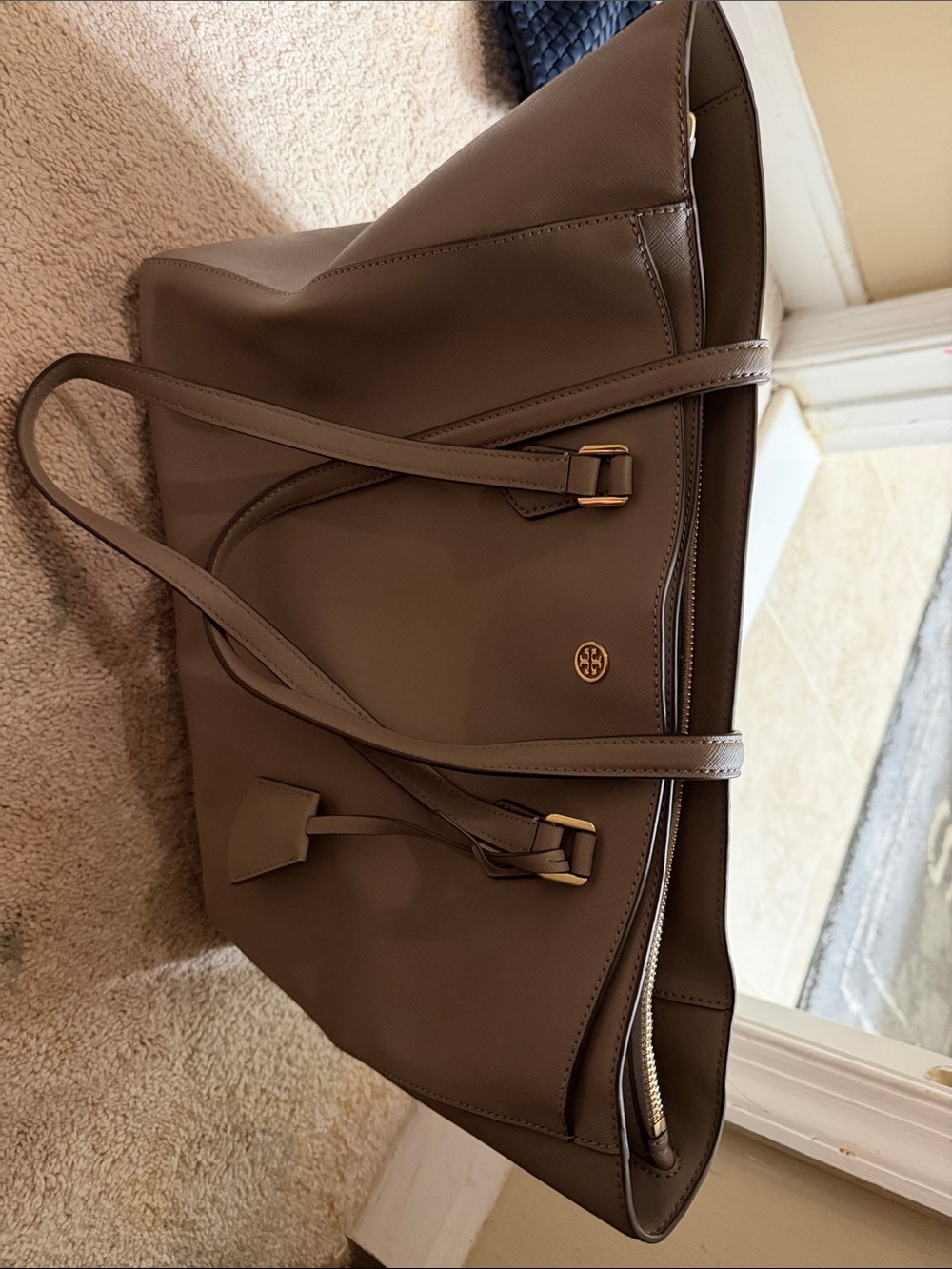 Tory Burch Taupe Brown Leather Tote with Gold Hardware